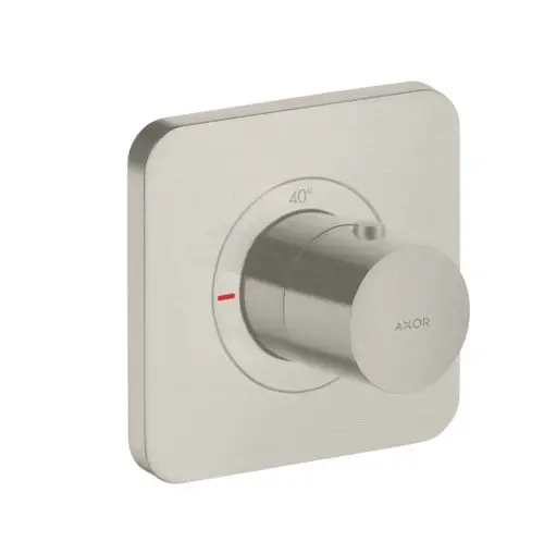 Thermostat von AXOR in Edelstahloptik mit einem runden Drehknopf und Temperaturanzeige bis 40°. Montage erfolgt unterputz. Kreisförmige Skala um den Regler.